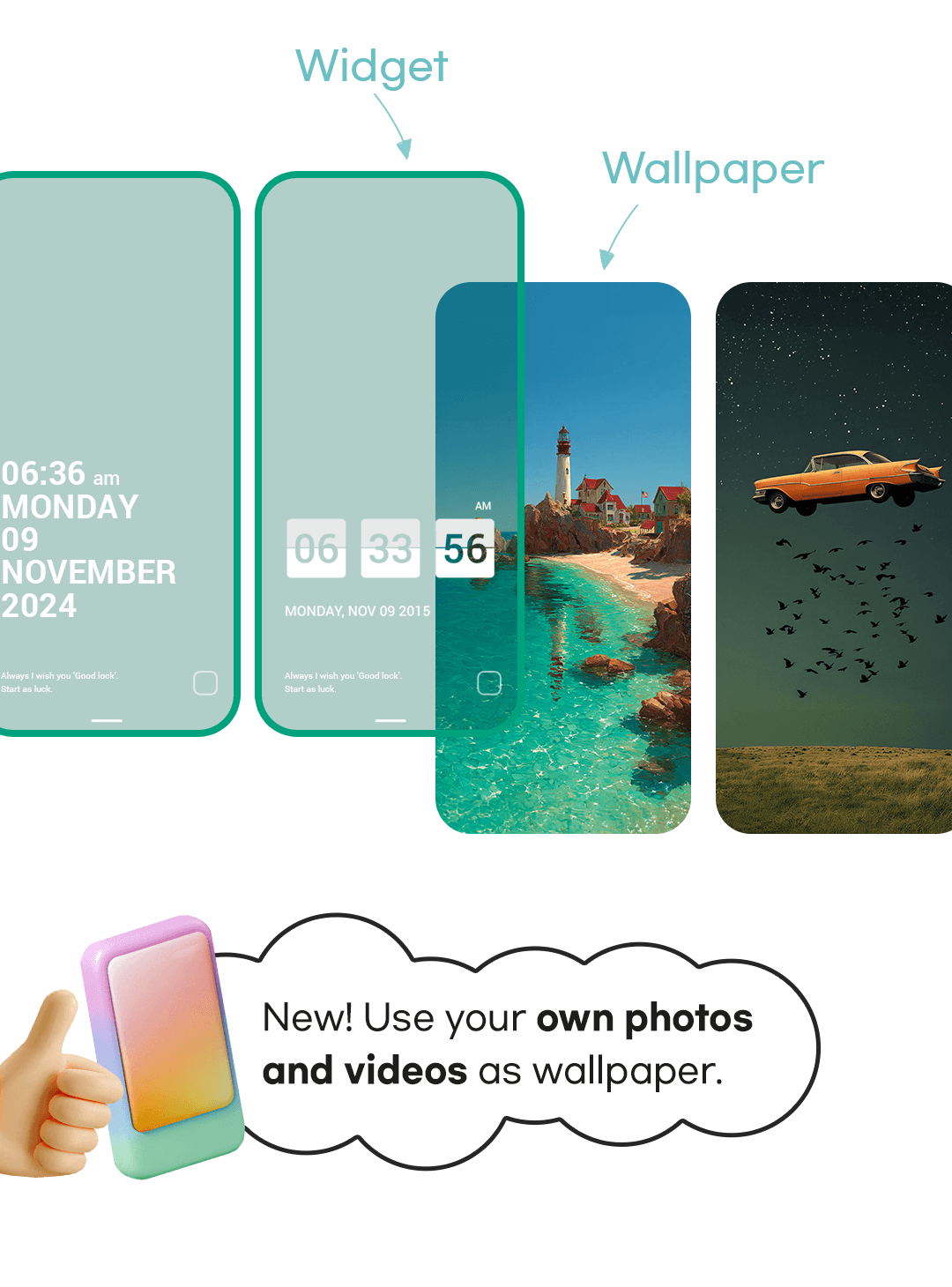 Example lock screen combining Good Lock wallpapers and widgets. You can also use your own photos and videos as wallpaper.